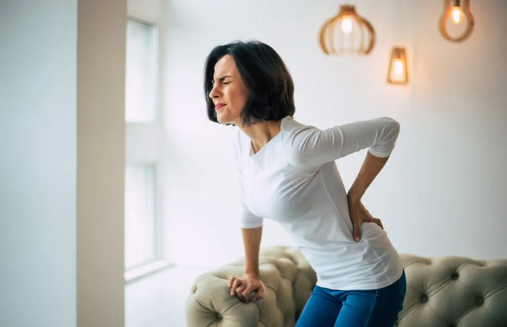 A woman with back pain is sitting on a couch.