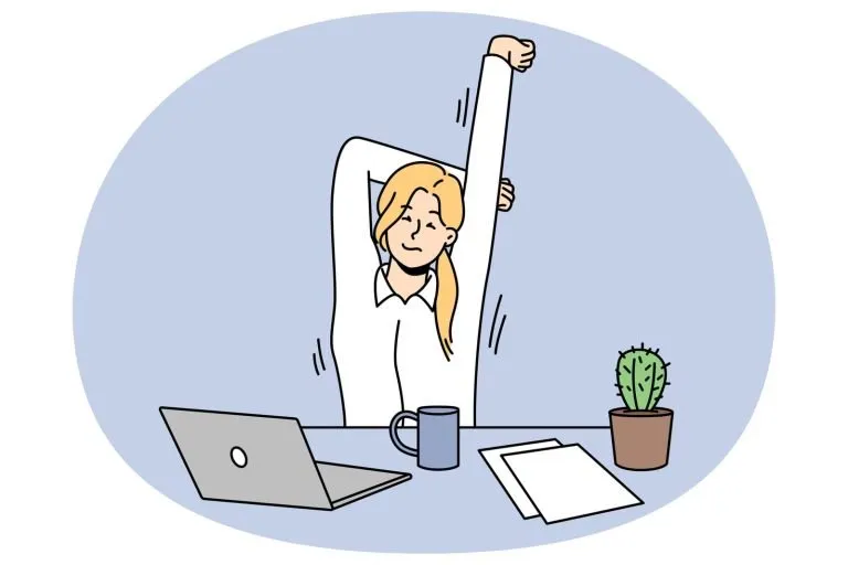 A cartoon illustration of a woman stretching at her desk.