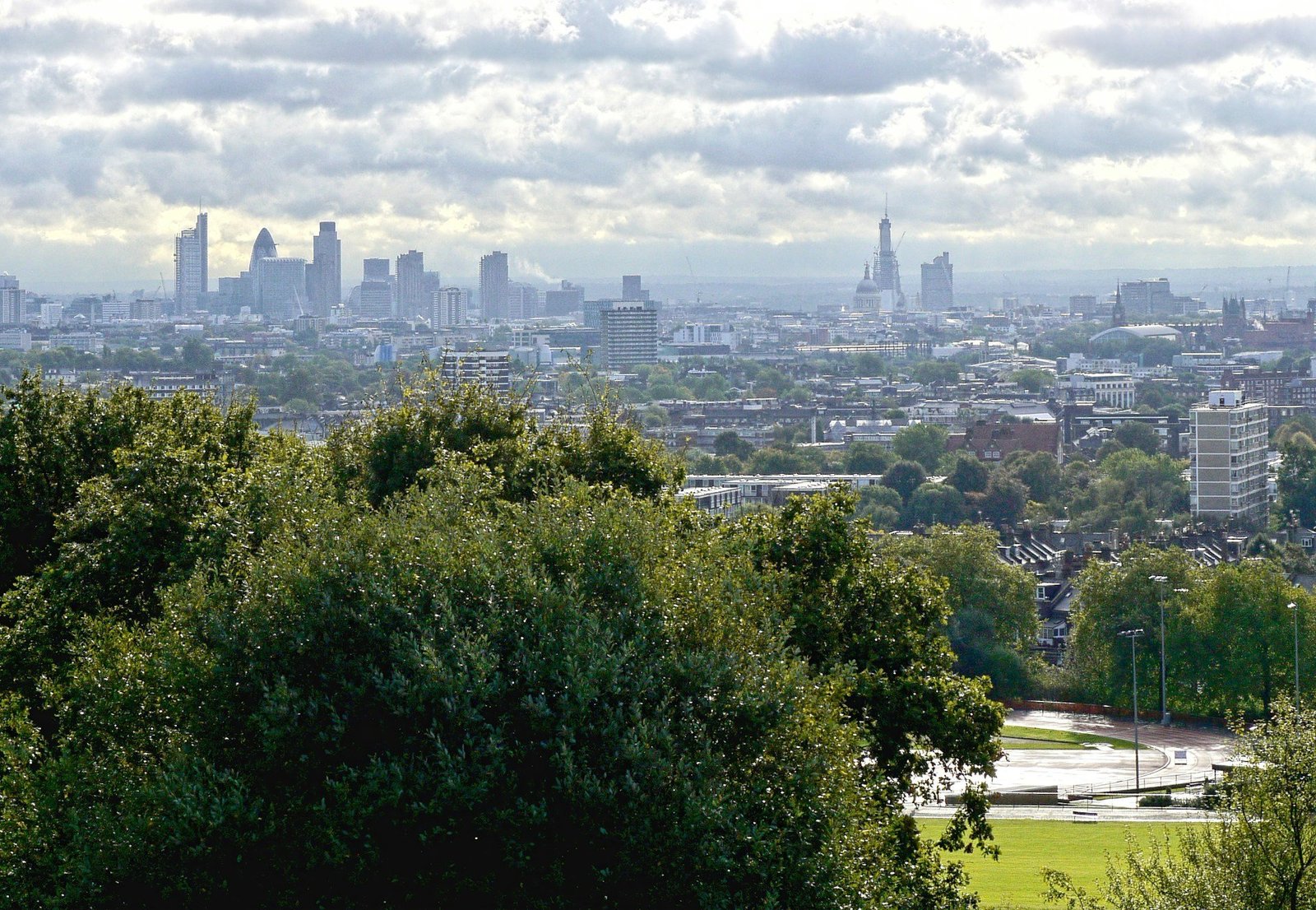 Panoramic view of Hamstead Heath skyline with greenery in the foreground.