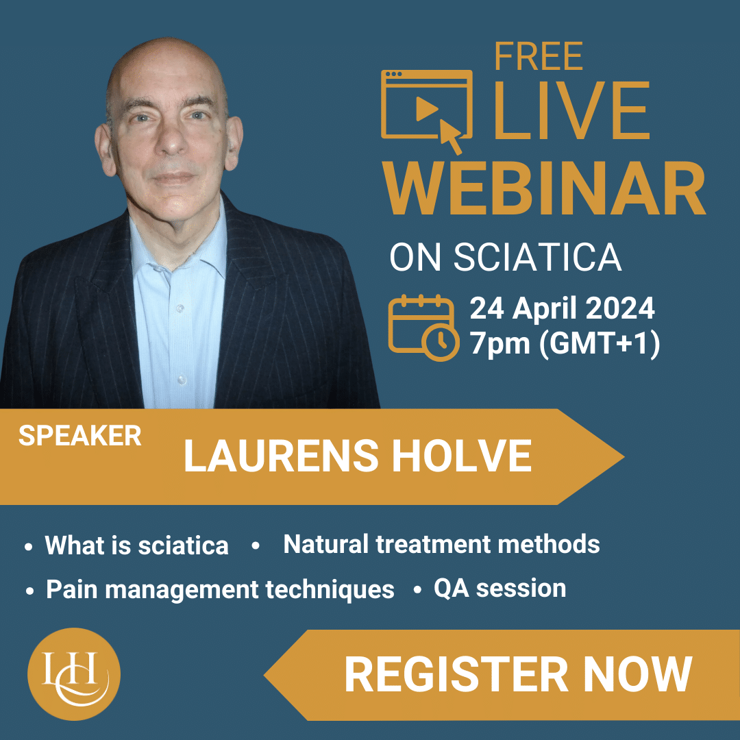 Promotional graphic for a free live webinar on 24 April 2024 at 7 pm (GMT+1) with speaker Laurens Holve discussing sciatica treatment techniques. Registration is open.