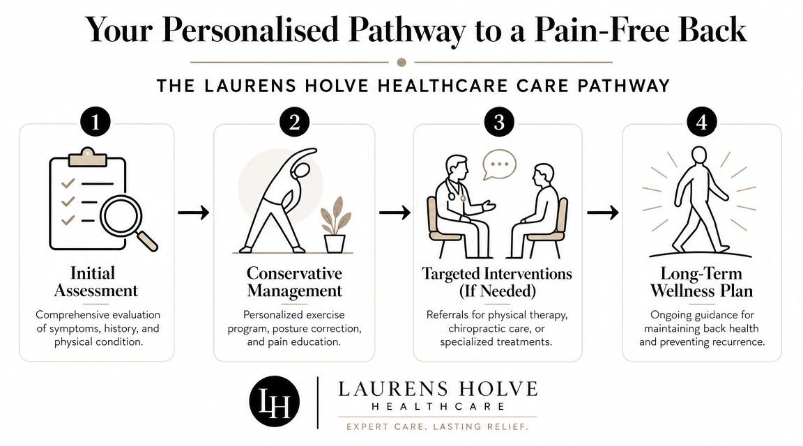 A four-step infographic illustrating the Laurens Holve Healthcare personalized pathway for achieving a pain-free back.