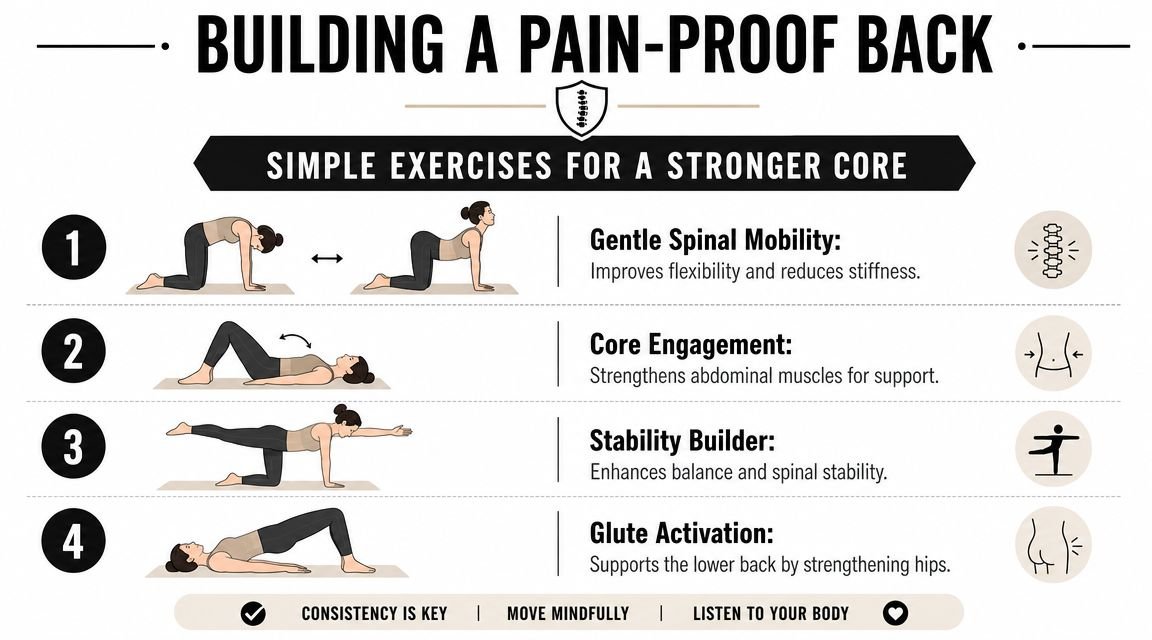 An infographic showing four simple exercises to strengthen the core and provide relief for back pain.