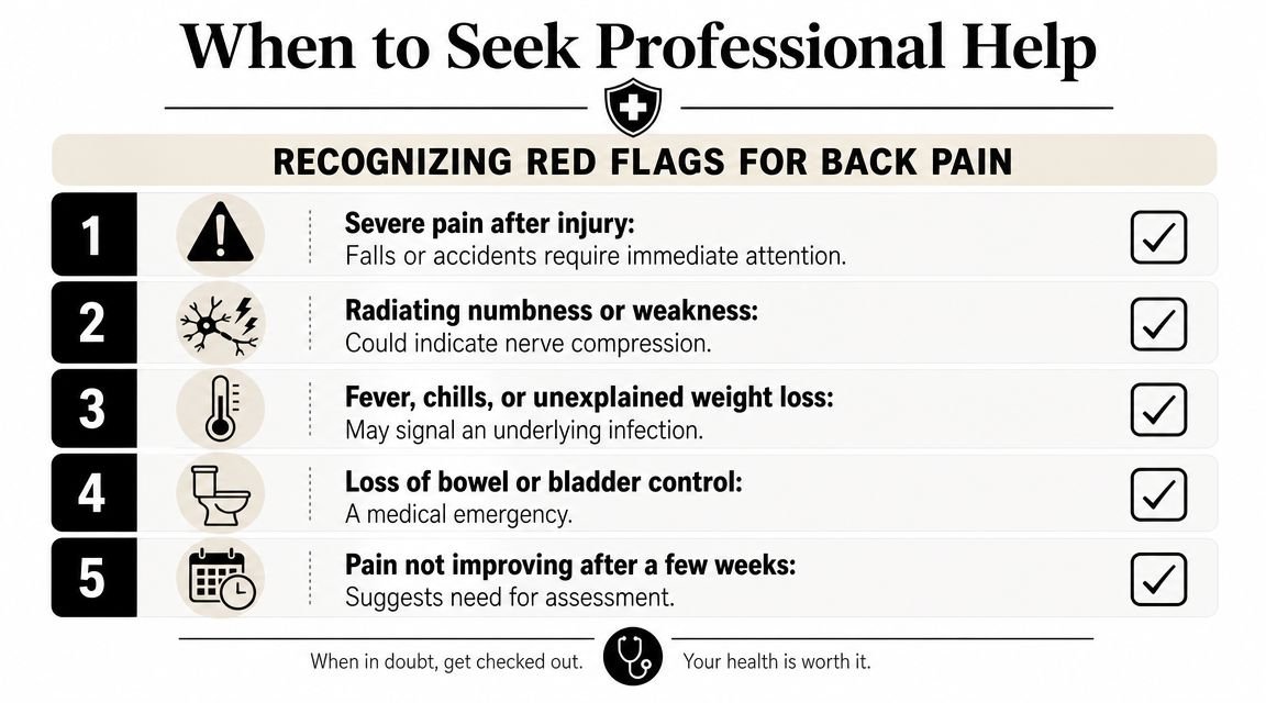 A list of five red flag symptoms for back pain that indicate the need for professional medical help.