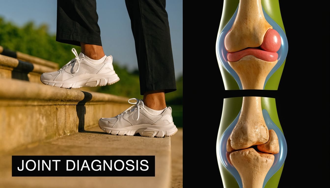 A person walking up stairs alongside a medical diagram showing healthy versus osteoarthritis knee joint structures.