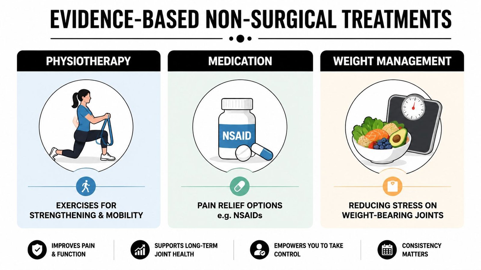 An infographic showing evidence-based non-surgical treatments for joint pain, including physiotherapy, medication, and weight management strategies.