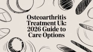 Text reads: "Osteoarthritis Treatment UK: 2026 Guide to Care Options" with abstract black-and-white sketch designs surrounding the text.