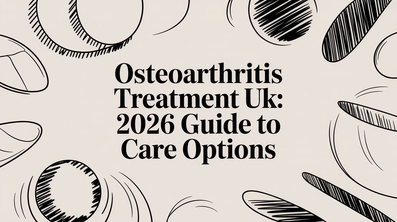 Text reads: "Osteoarthritis Treatment UK: 2026 Guide to Care Options" with abstract black-and-white sketch designs surrounding the text.