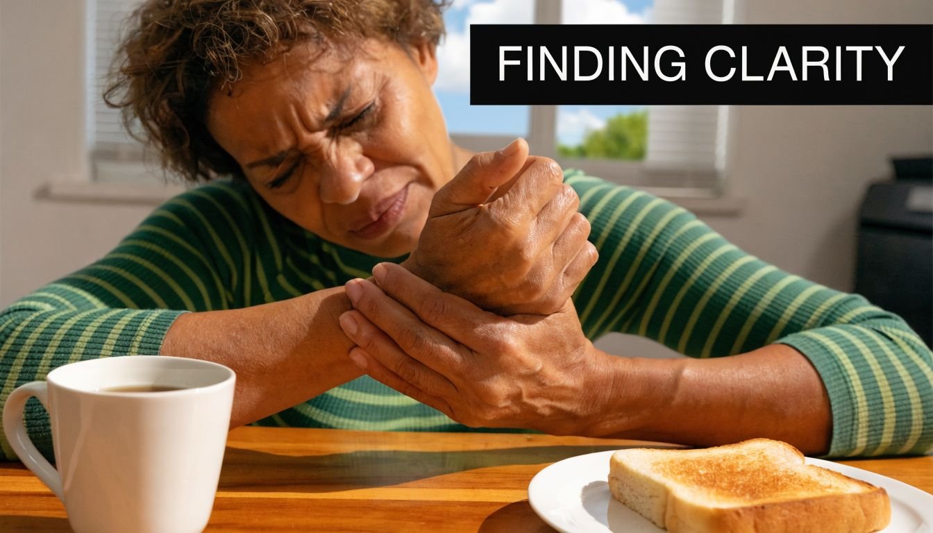 An elderly woman sitting at a table with breakfast, holding her painful wrist due to joint discomfort.