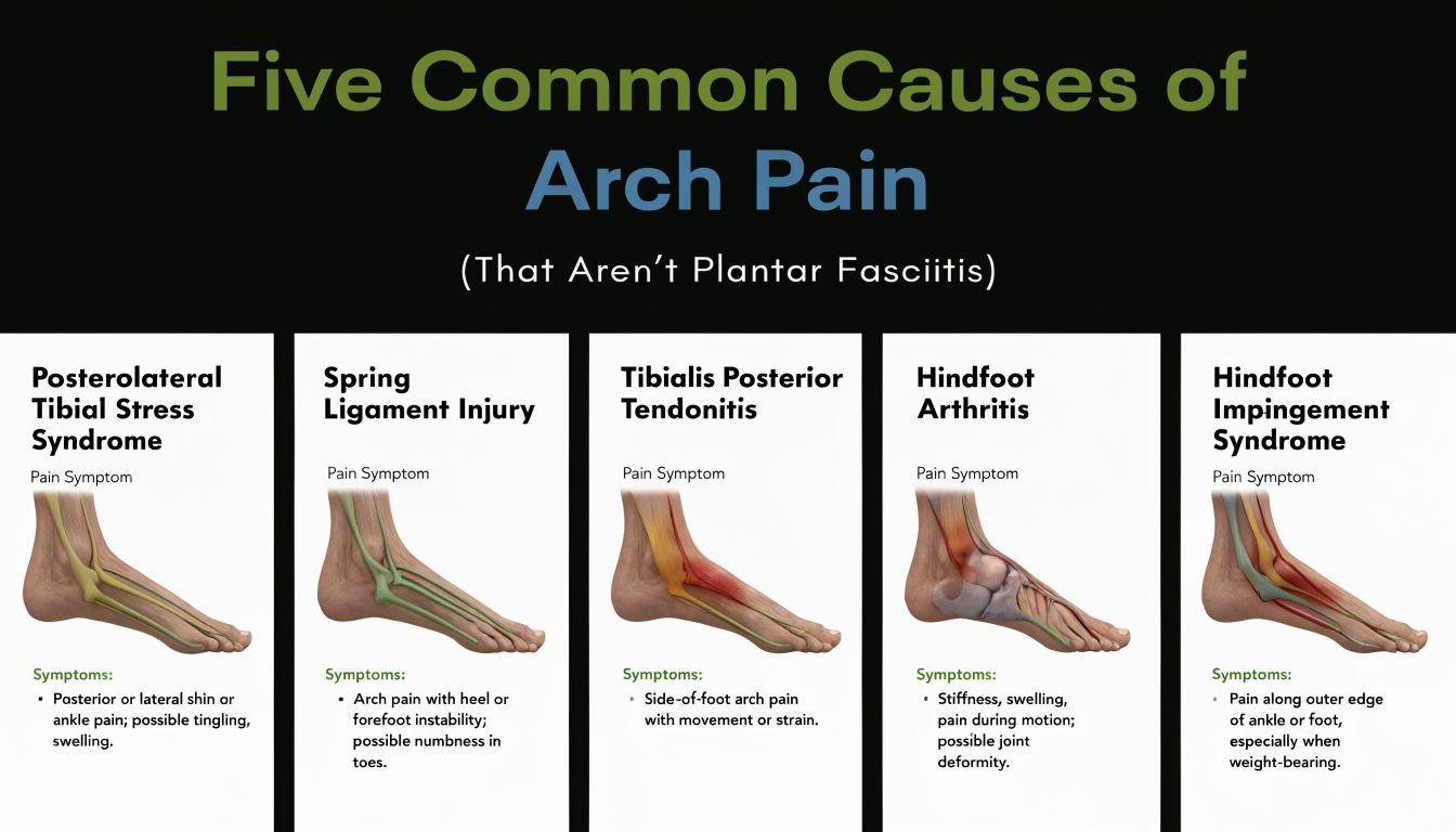 An infographic detailing five common medical conditions that cause arch pain other than plantar fasciitis.
