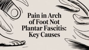 Illustrated graphic with the text: "Pain in Arch of Foot Not Plantar Fasciitis: Key Causes" and abstract line drawings of feet and hands.