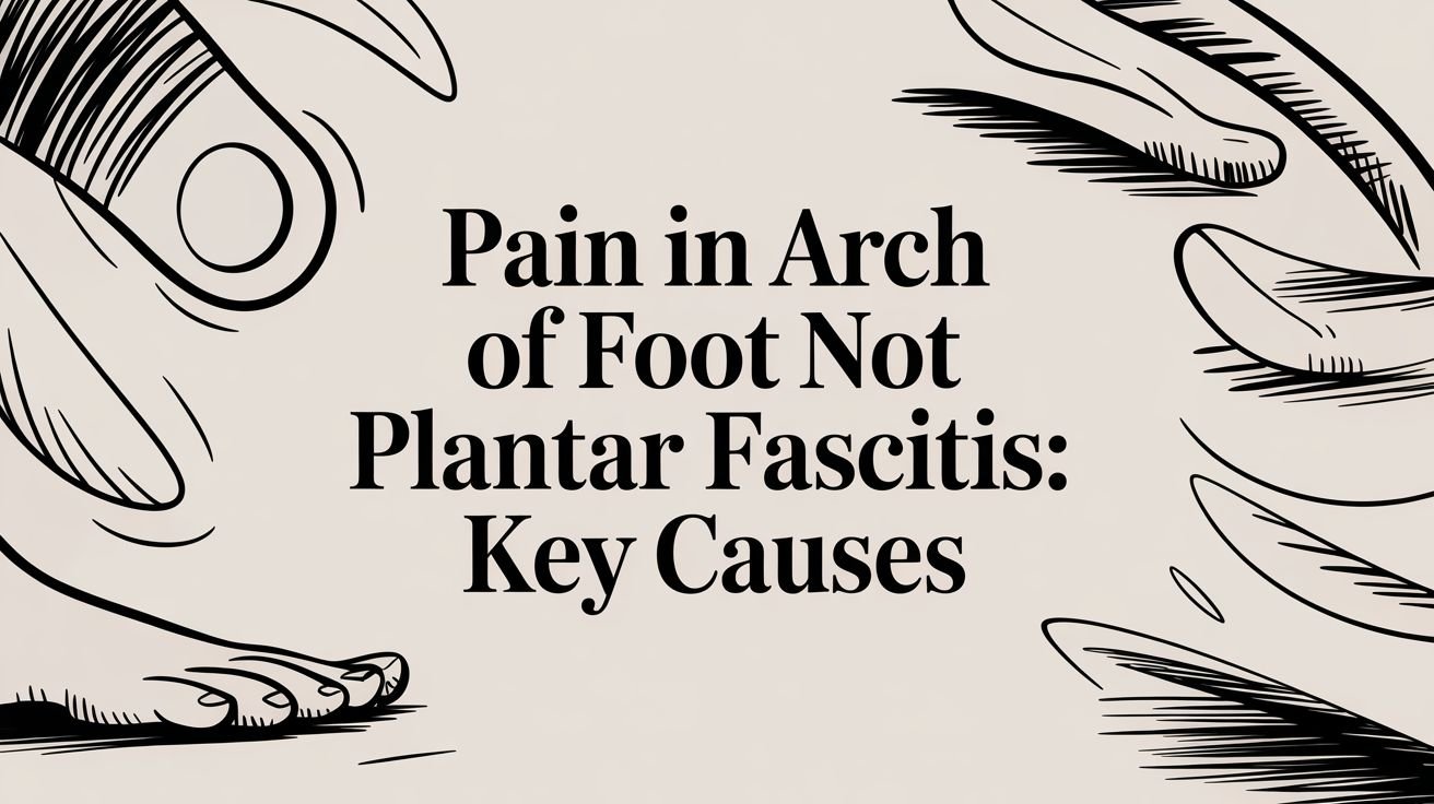 Illustrated graphic with the text: "Pain in Arch of Foot Not Plantar Fasciitis: Key Causes" and abstract line drawings of feet and hands.