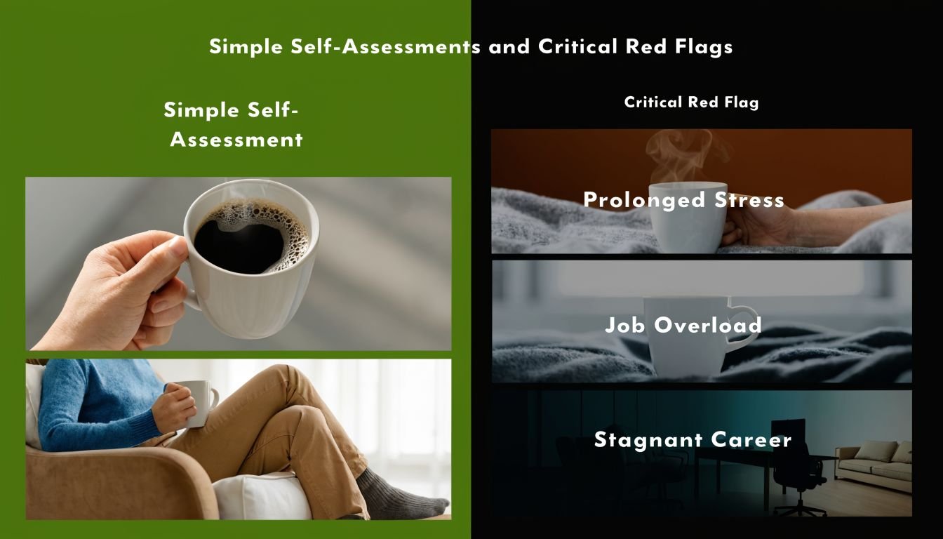 A split screen comparing simple self-assessment concepts with critical red flags like stress, job overload, and career.