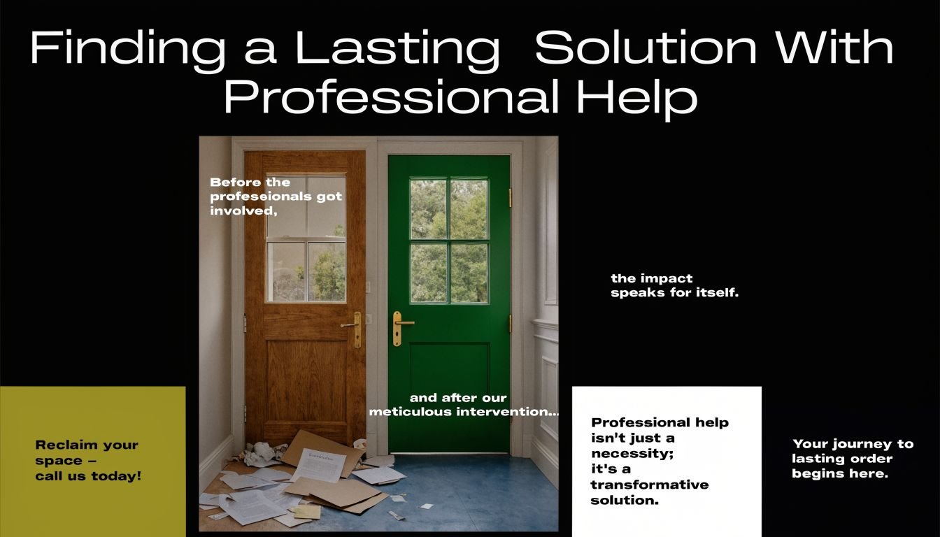 A side-by-side comparison of a cluttered doorway and a clean green door symbolizing professional organization services.