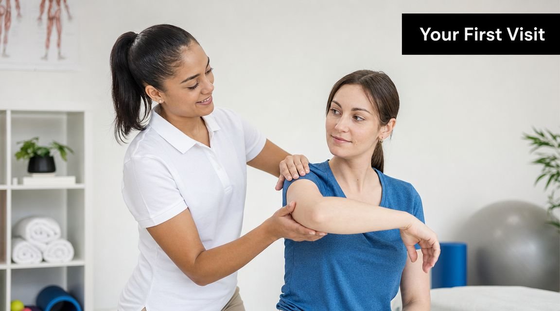 A female physical therapist performing a shoulder assessment on a patient in a clinical therapy office.