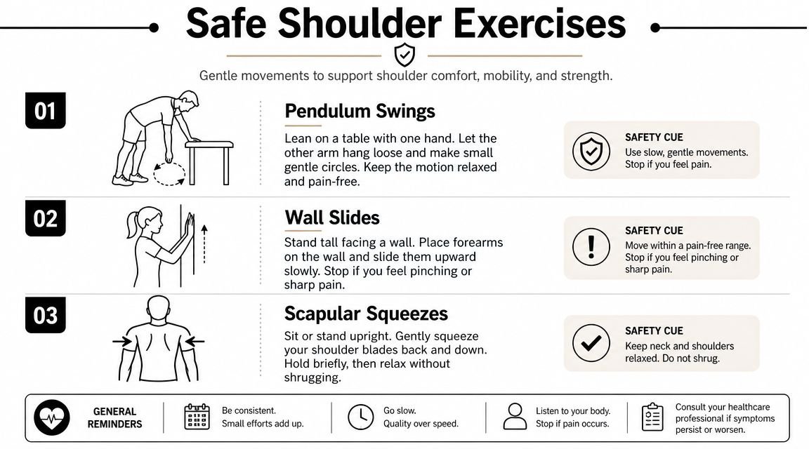 An instructional infographic detailing three gentle shoulder exercises with safety cues and general exercise recommendations.
