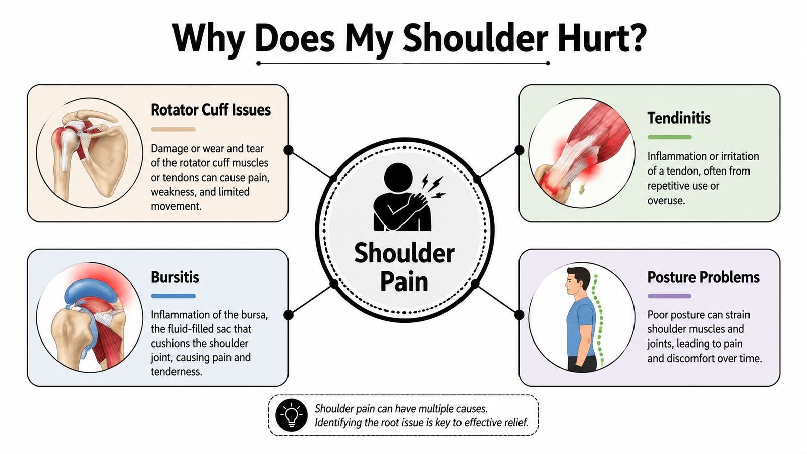 An infographic showing common causes of shoulder pain including rotator cuff issues, tendinitis, bursitis, and posture problems.