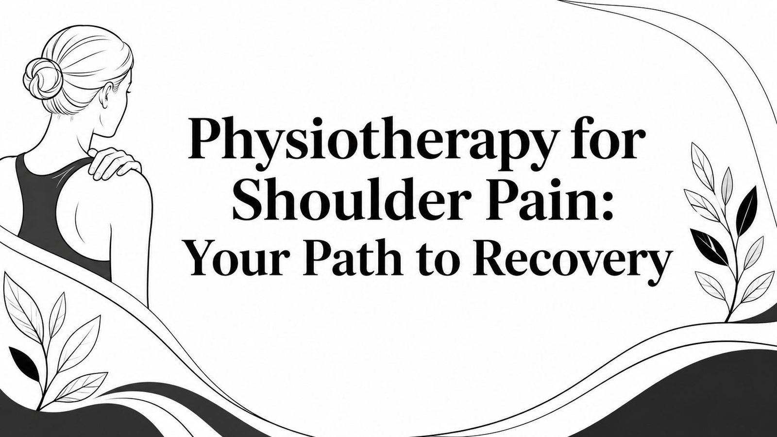 Black and white illustration of a woman holding her shoulder with text: "Physiotherapy for Shoulder Pain: Your Path to Recovery" and decorative leaves around the border.