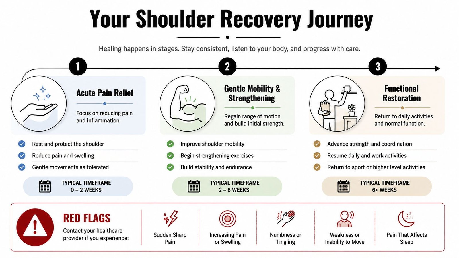 An infographic showing the three stages of shoulder recovery, including typical timeframes and red flag warning signs.