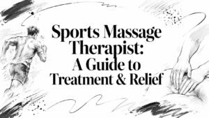 Black and white illustration with the text “Sports Massage Therapist: A Guide to Treatment & Relief”, featuring a person running and hands massaging a leg.