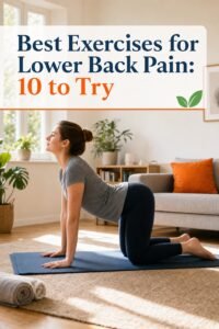 A woman practises yoga on a mat in her living room, with the text "Best Exercises for Lower Back Pain: 10 to Try" highlighting effective exercises for lower back pain relief above her.