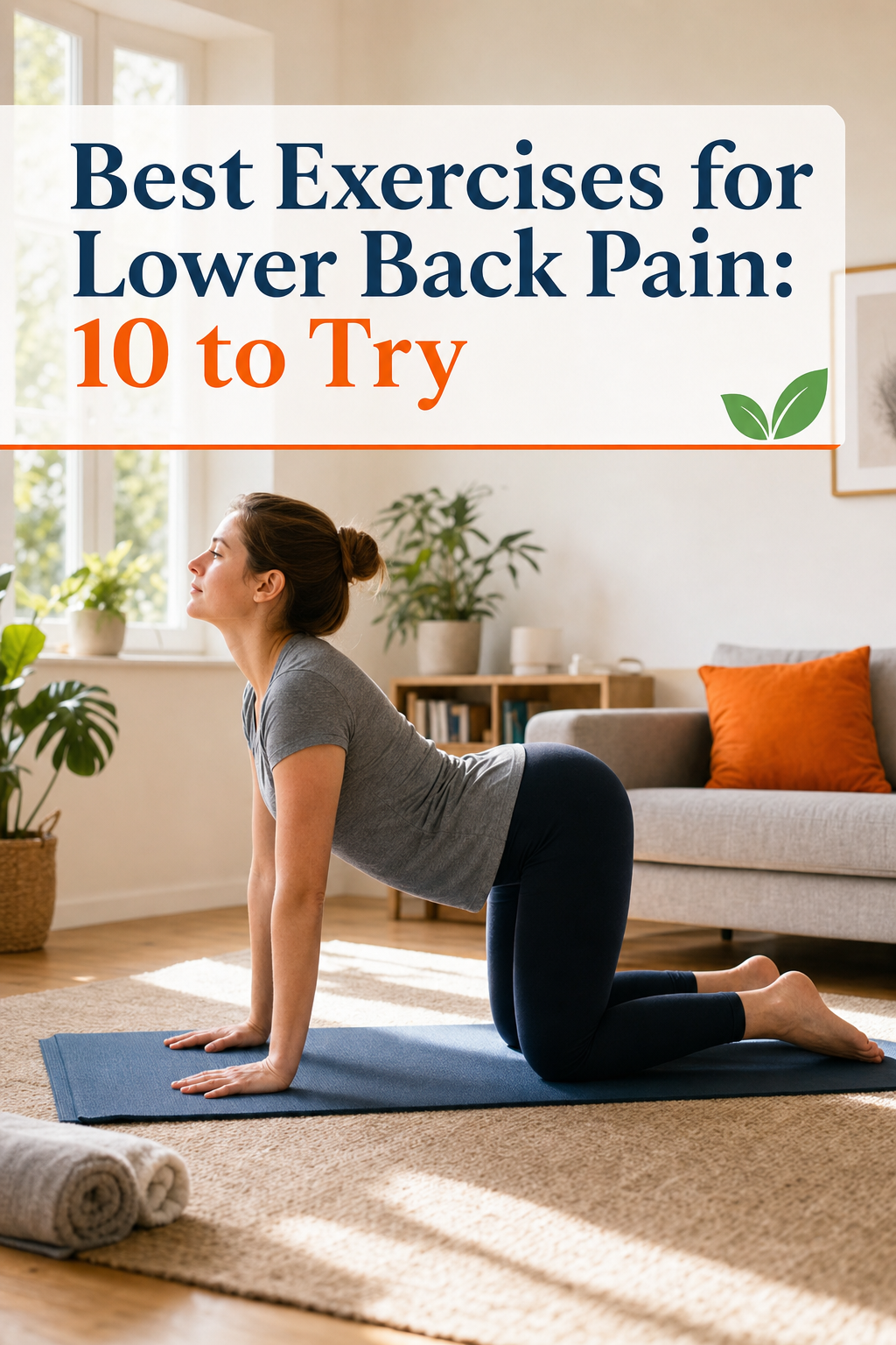 A woman practises yoga on a mat in her living room, with the text "Best Exercises for Lower Back Pain: 10 to Try" highlighting effective exercises for lower back pain relief above her.
