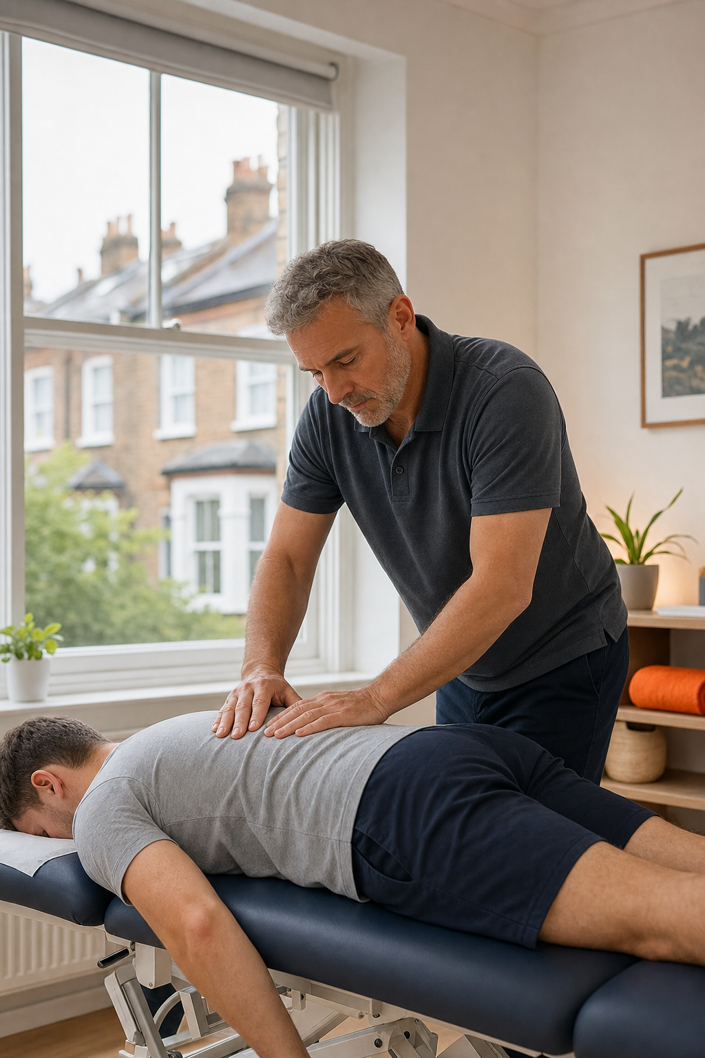 A man receives a back massage from an osteopath in a bright North London room with a large window and some potted plants, reflecting the calming atmosphere of many modern clinics.