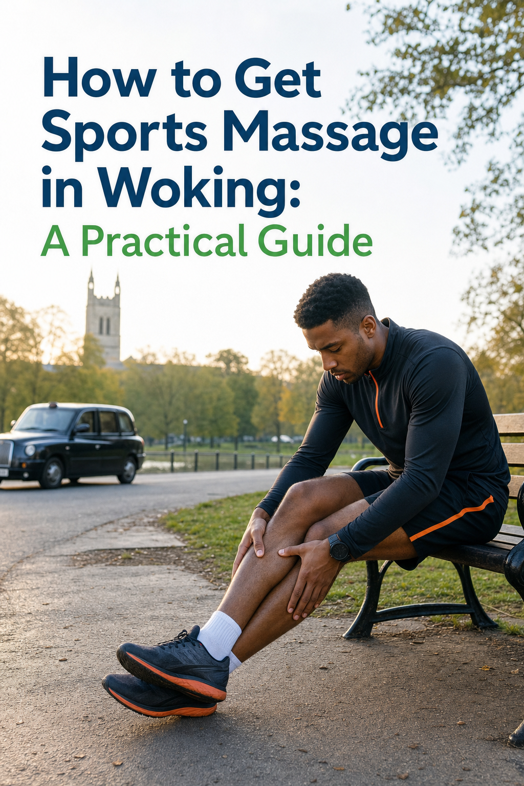 A man in sportswear sits on a park bench, holding his leg, with a church and black cab behind. Text reads: "Sports Massage Woking: How to Get Sports Massage – Your Practical Guide.