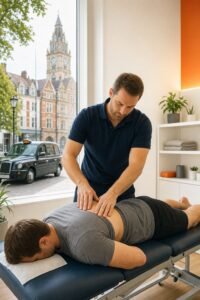 An osteopathy therapist performs a back massage on a client lying face down in a modern Woking clinic with large windows overlooking the street and historic buildings.