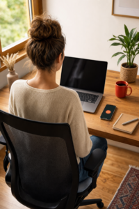 A person with brown hair in a bun sits at a desk using a laptop. A phone, notebook, pen, red mug, and potted plant are also on the wooden desk—an ideal setup for those seeking expert-backed solutions for tech neck relief.
