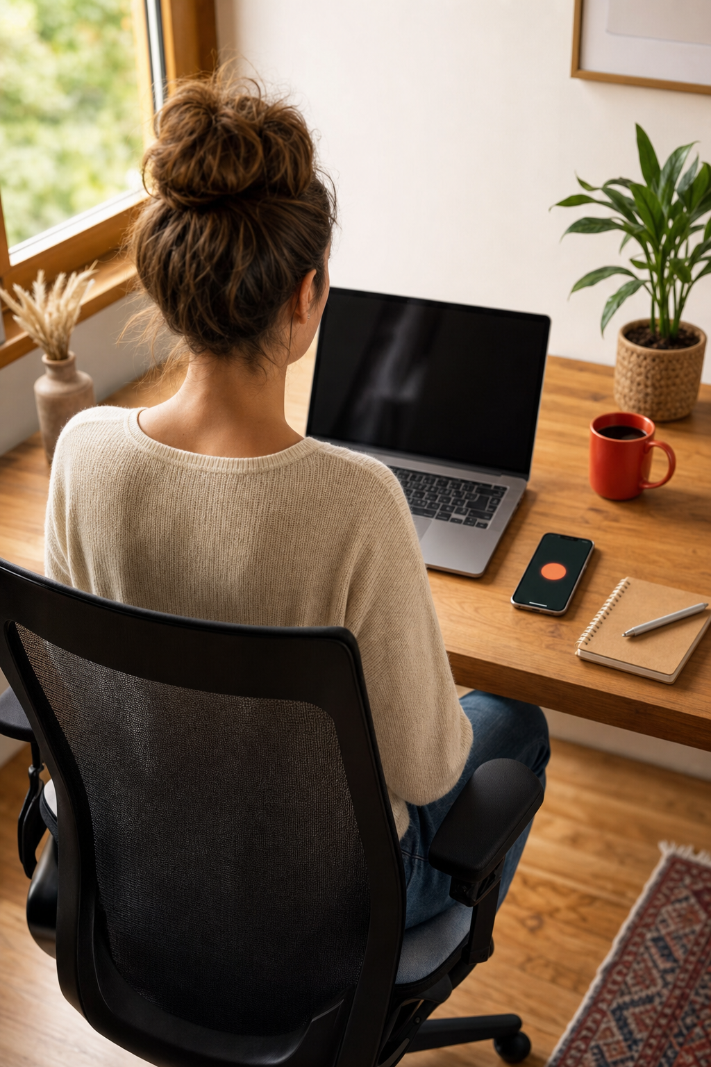 A person with brown hair in a bun sits at a desk using a laptop. A phone, notebook, pen, red mug, and potted plant are also on the wooden desk—an ideal setup for those seeking expert-backed solutions for tech neck relief.
