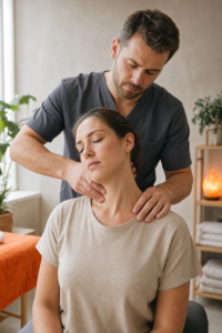 A man in scrubs performs a neck massage on a seated woman in a wellbeing clinic setting, surrounded by plants and towels, providing relief for those experiencing headache from neck tension.
