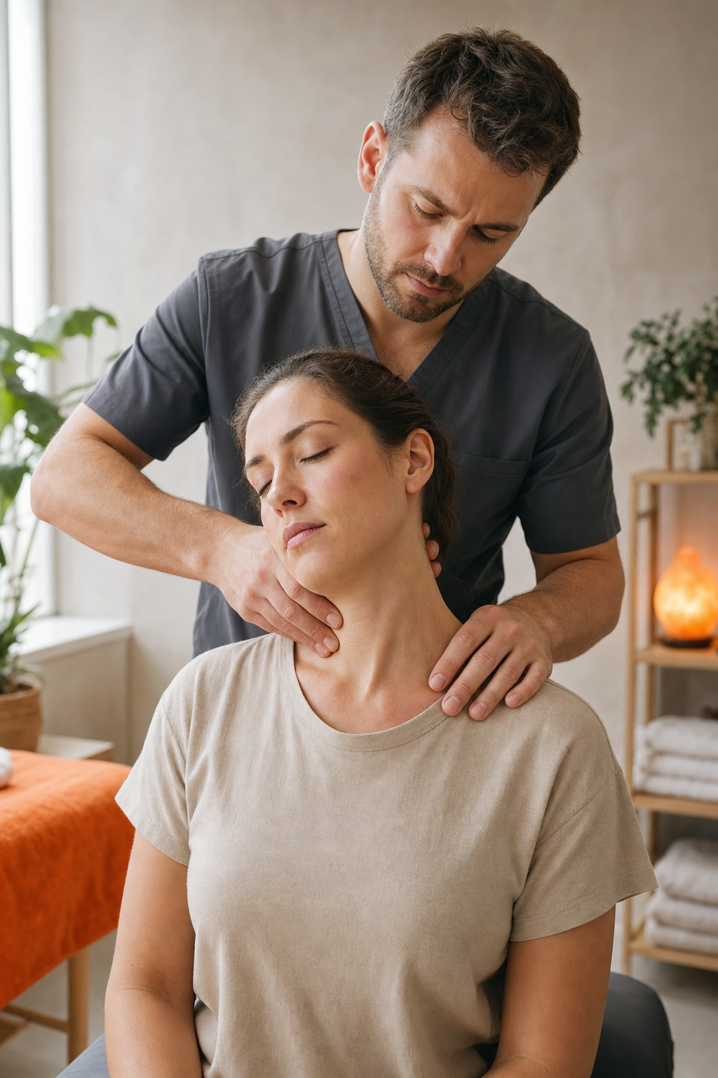 A man in scrubs performs a neck massage on a seated woman in a wellbeing clinic setting, surrounded by plants and towels, providing relief for those experiencing headache from neck tension.