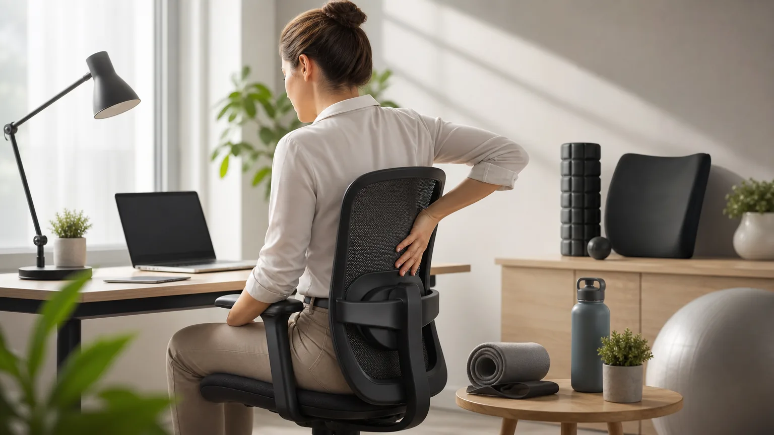 Woman sitting in an office chair at a desk, touching her lower back, with yoga mat, water bottle, and plants nearby in a home office setting—highlighting the need for effective office chair solutions and back pain relief during long work hours.