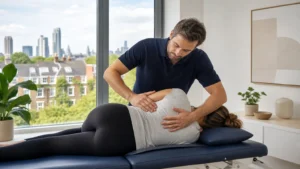 A man, possibly one of the skilled osteopaths in North London, performs a chiropractic adjustment on a woman lying on her side on a treatment couch in a modern surgery with large windows, helping to alleviate her back pain.