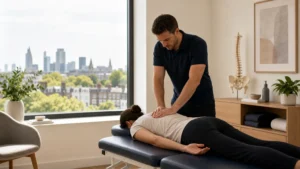 A person receives a back massage from an osteopath in a modern North London room with a large window overlooking a city skyline.