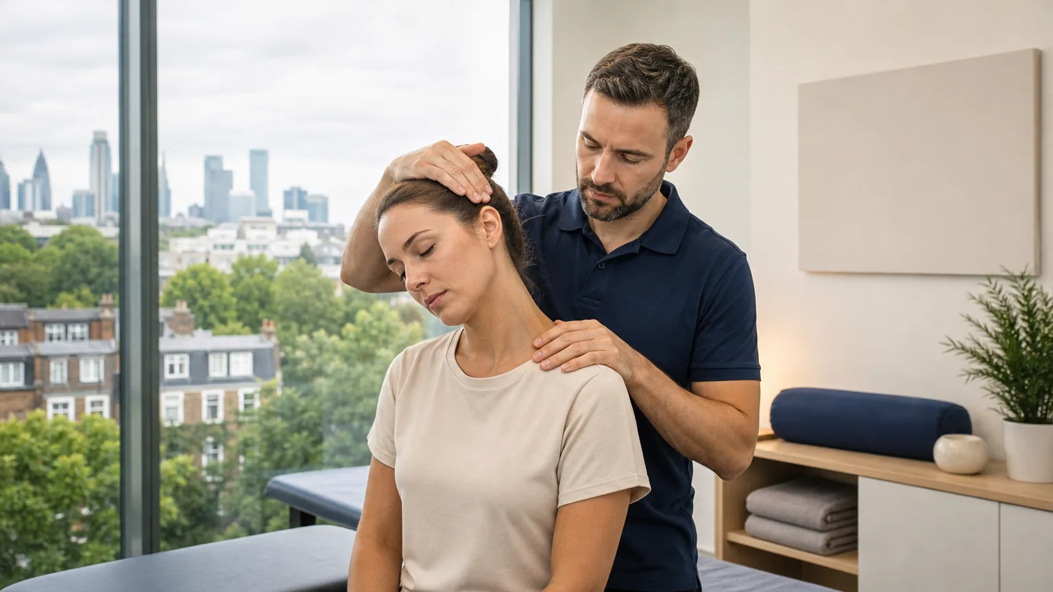 A man, likely one of the experienced osteopaths in North London, performs a neck stretch on a seated woman in a modern, well-lit room with large windows overlooking a cityscape—an ideal setting for addressing issues such as whiplash injury.