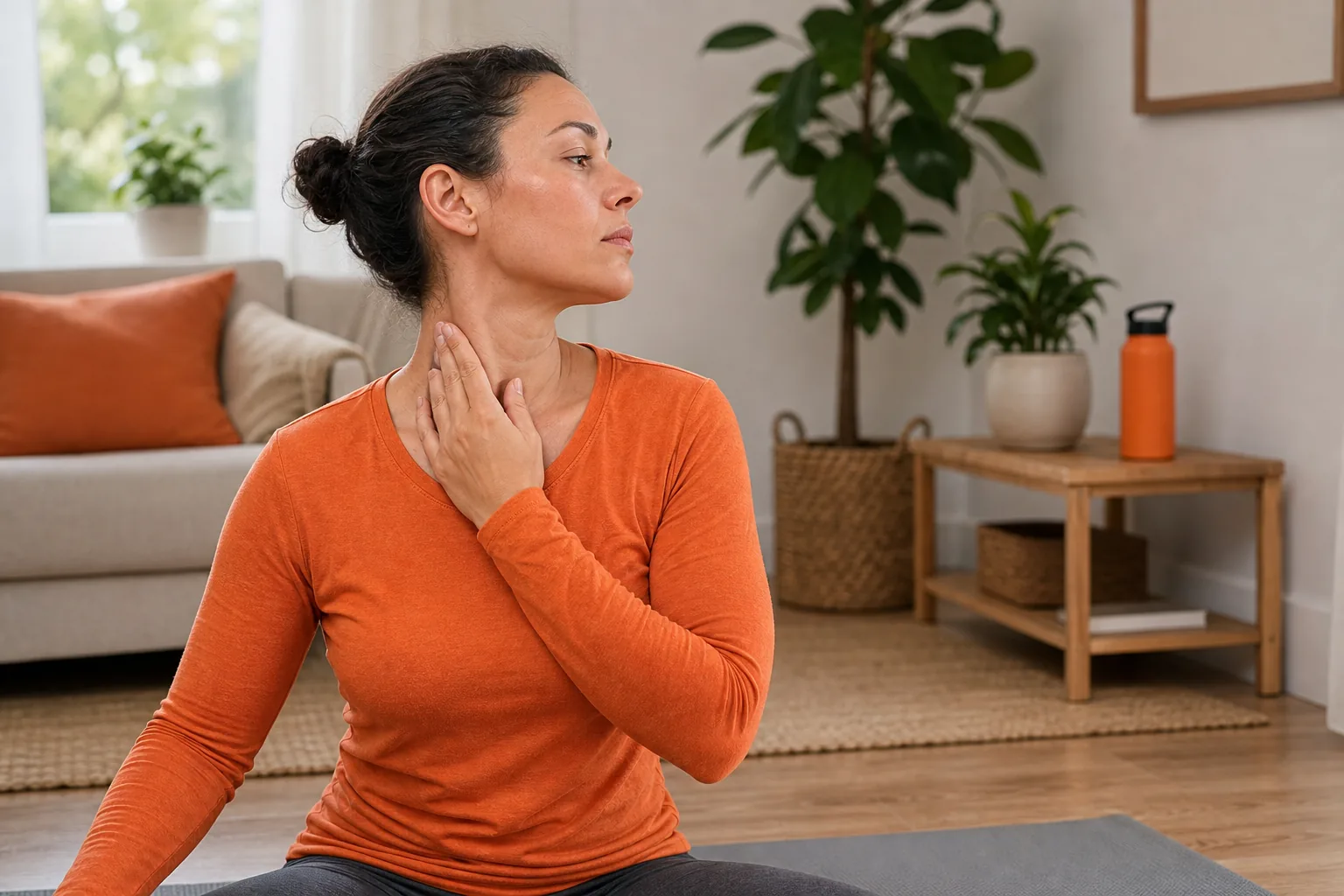 Woman in an orange long-sleeve top sits on a yoga mat indoors, gently touching her neck while stretching. Practising neck pain exercises, she focuses on relieving tension and discomfort. A sofa, table, plant, and water bottle are visible in the background.
