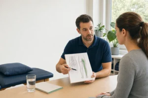 A physiotherapist points to a diagram of leg and hip anatomy to explain sciatica treatment to a patient.